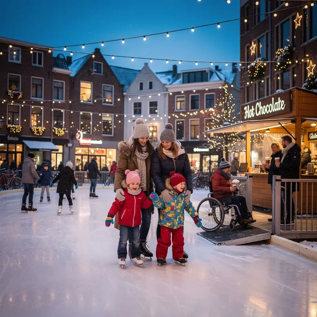 Een gezin dat samen een fietstocht maakt door een schilderachtig Nederlands landschap met molens op de achtergrond.