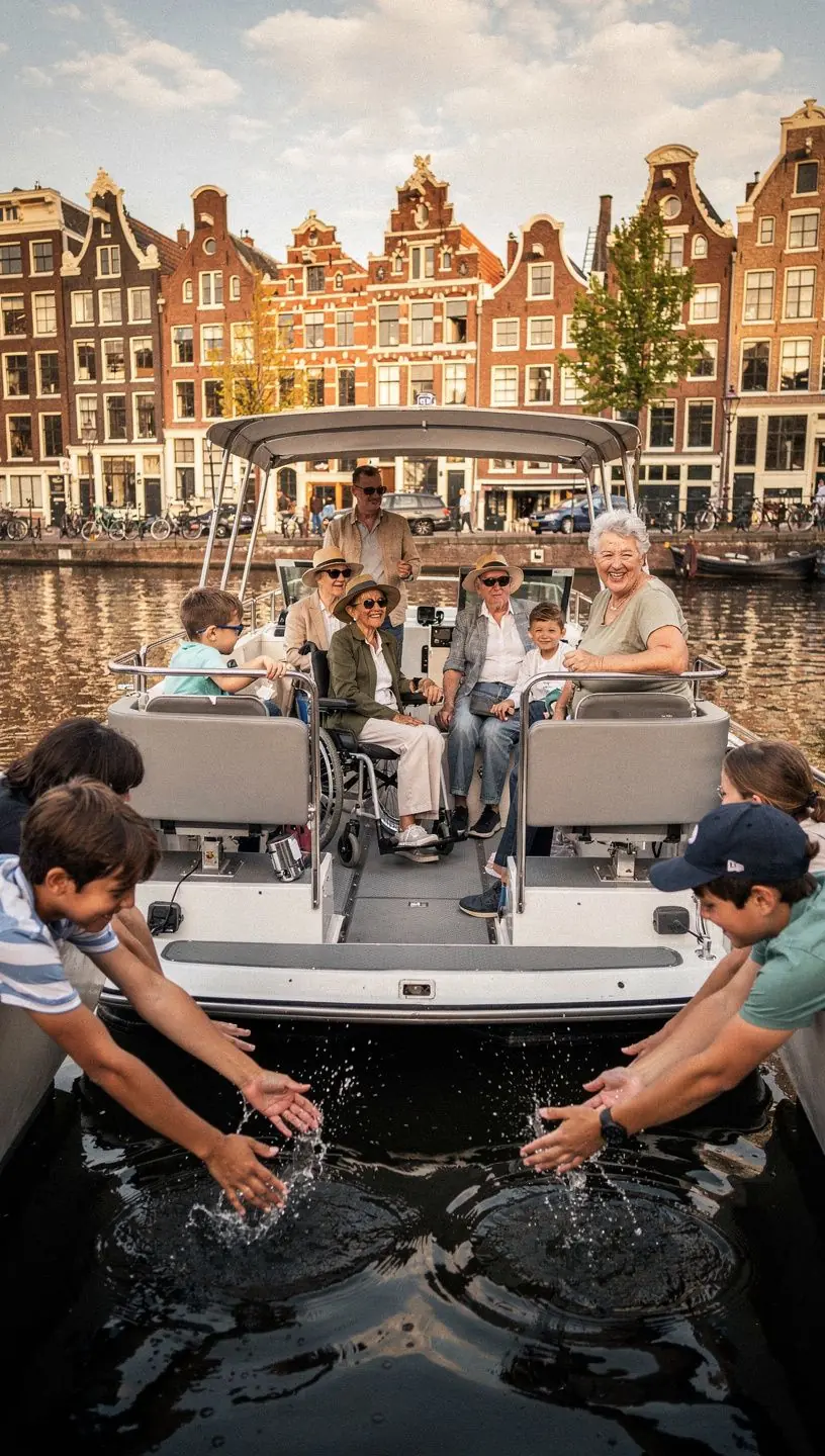 Ouders die hun kinderen helpen bij het verkennen van een toegankelijk museum, met duidelijke bewegwijzering en informatieve displays.
