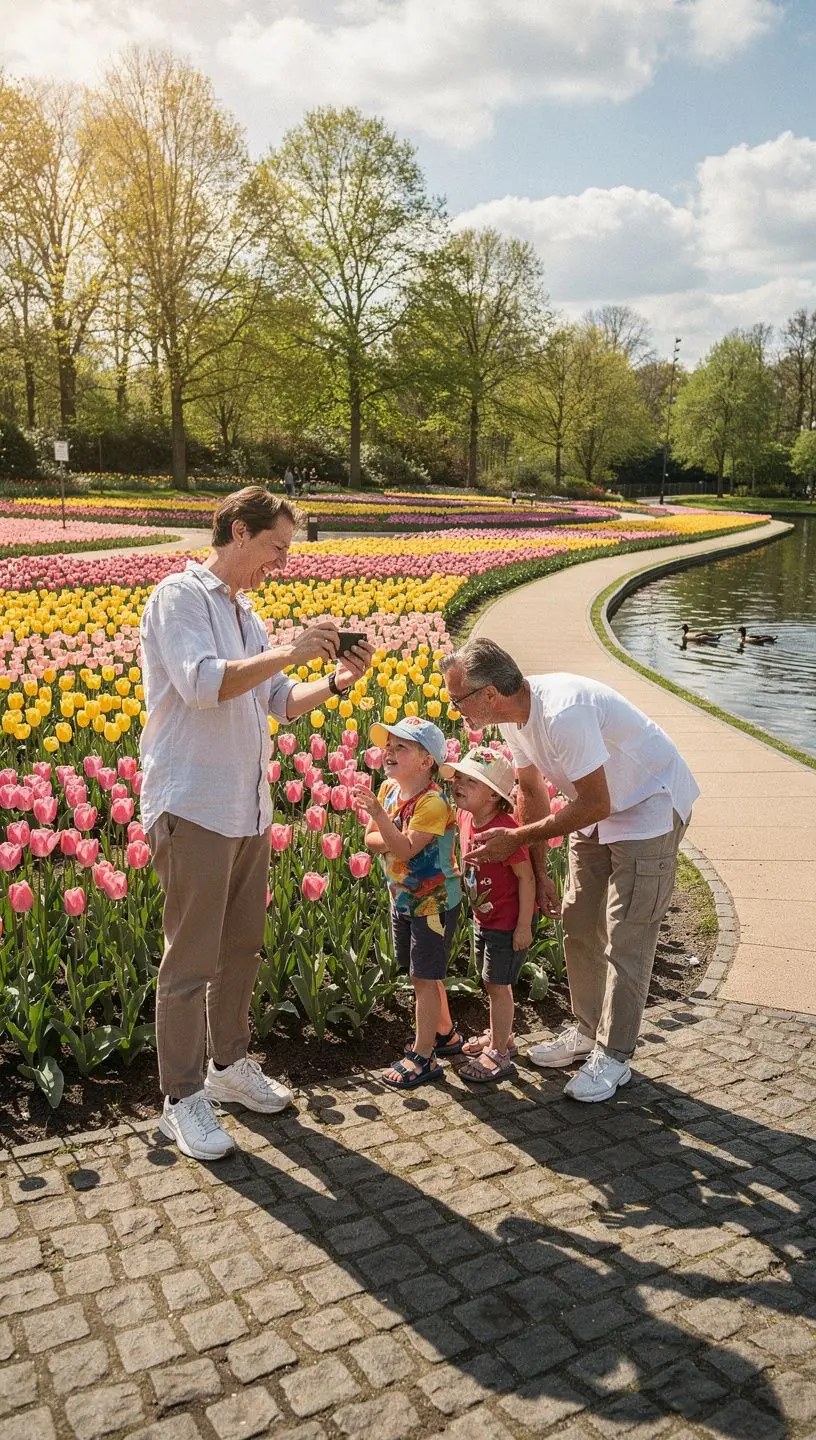 Een rustige wandellus door de natuur met een gezin, waarbij ze genieten van de omgeving en gebruik maken van brede paden.